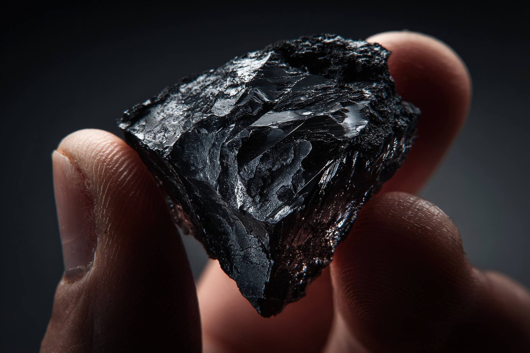 Raw carbon stone held between fingers